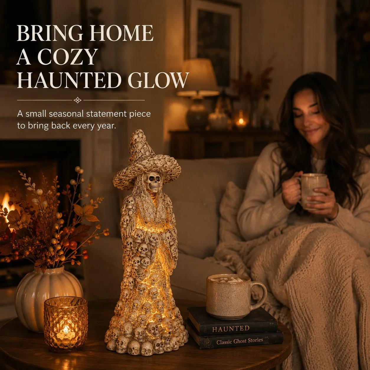 Glowing skull witch statue creating a cozy Halloween atmosphere