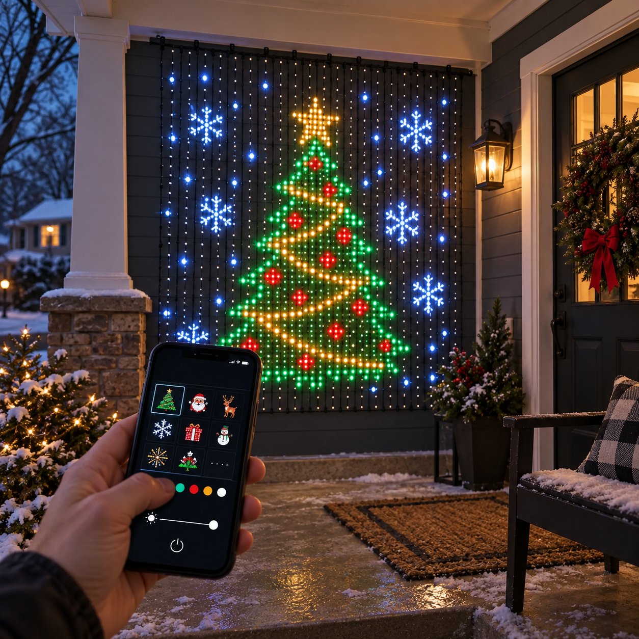 A phone controlling a Christmas-tree light curtain on a covered porch