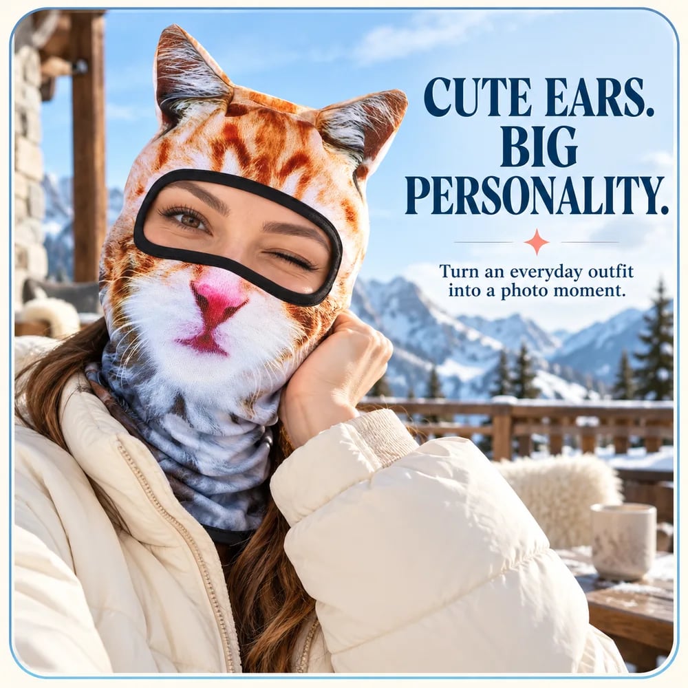Adult wearing the cat balaclava outside a snowy lodge
