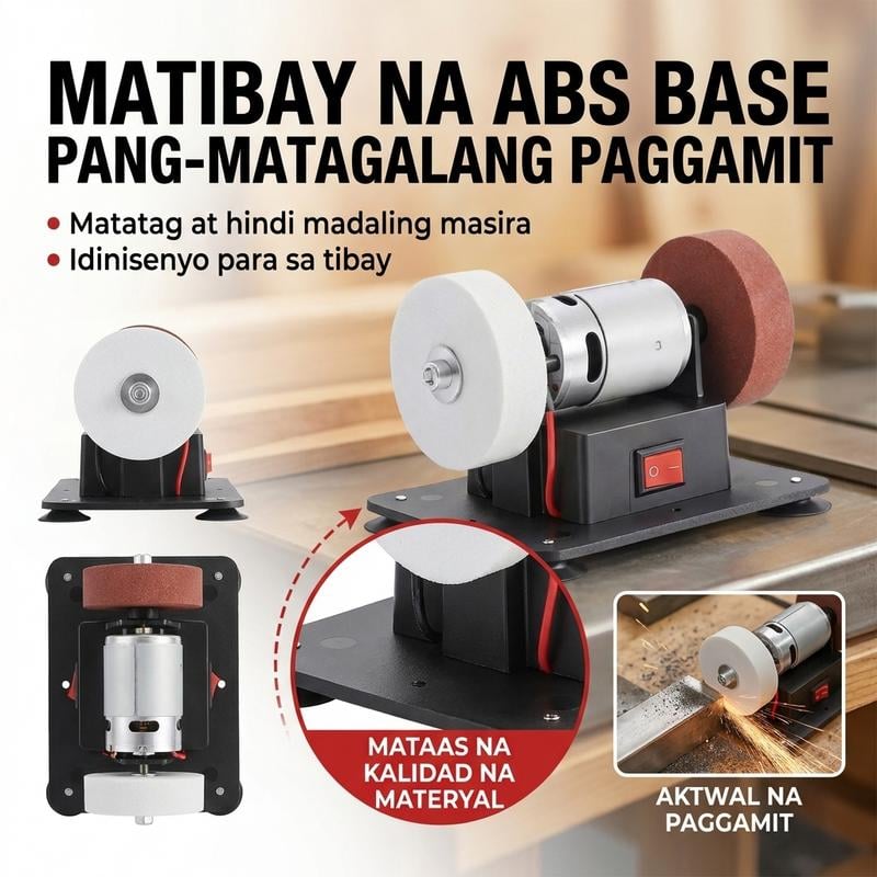 Mini bench grinder with a white polishing wheel and a brown grinding wheel mounted on a reinforced base