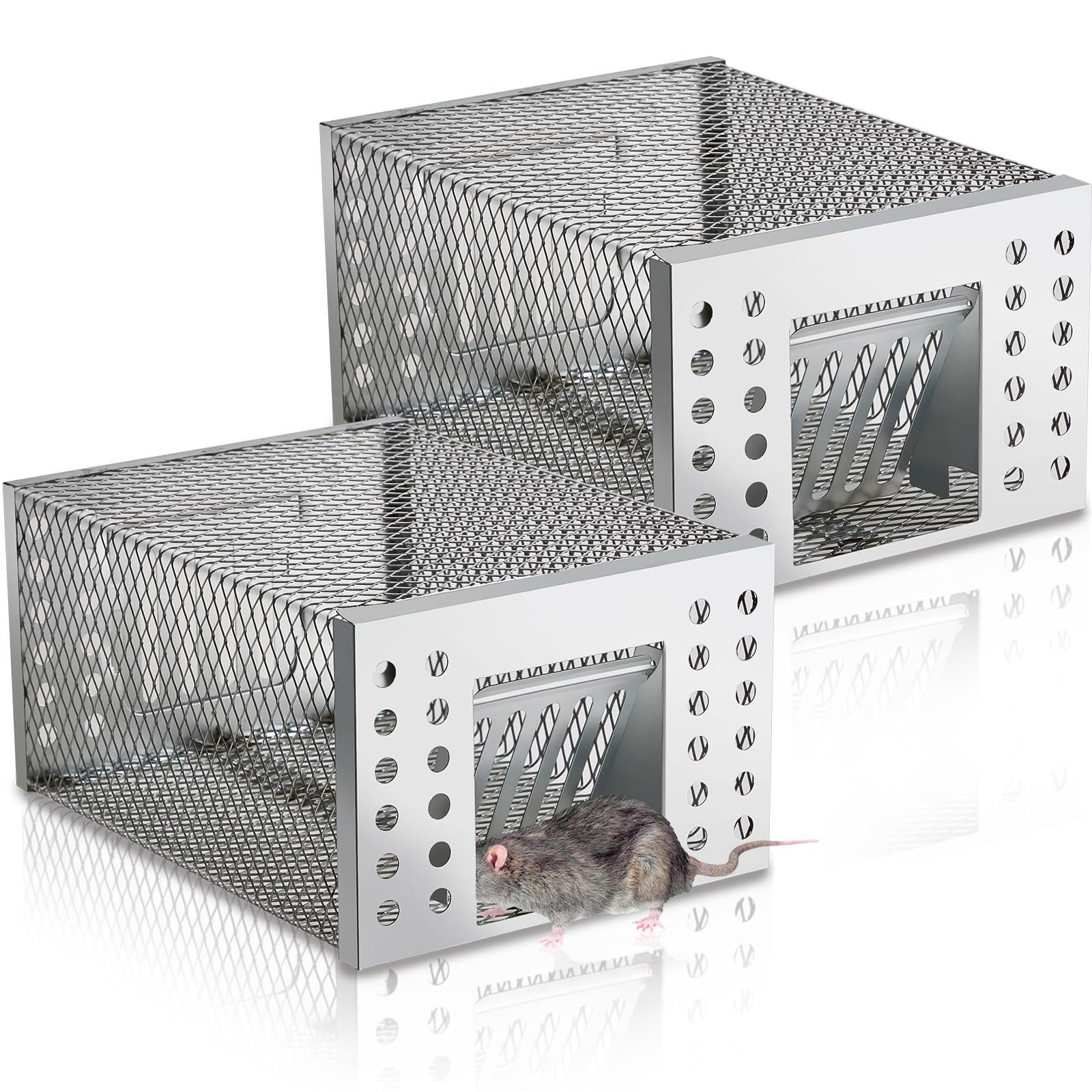 Two galvanized steel humane mouse traps