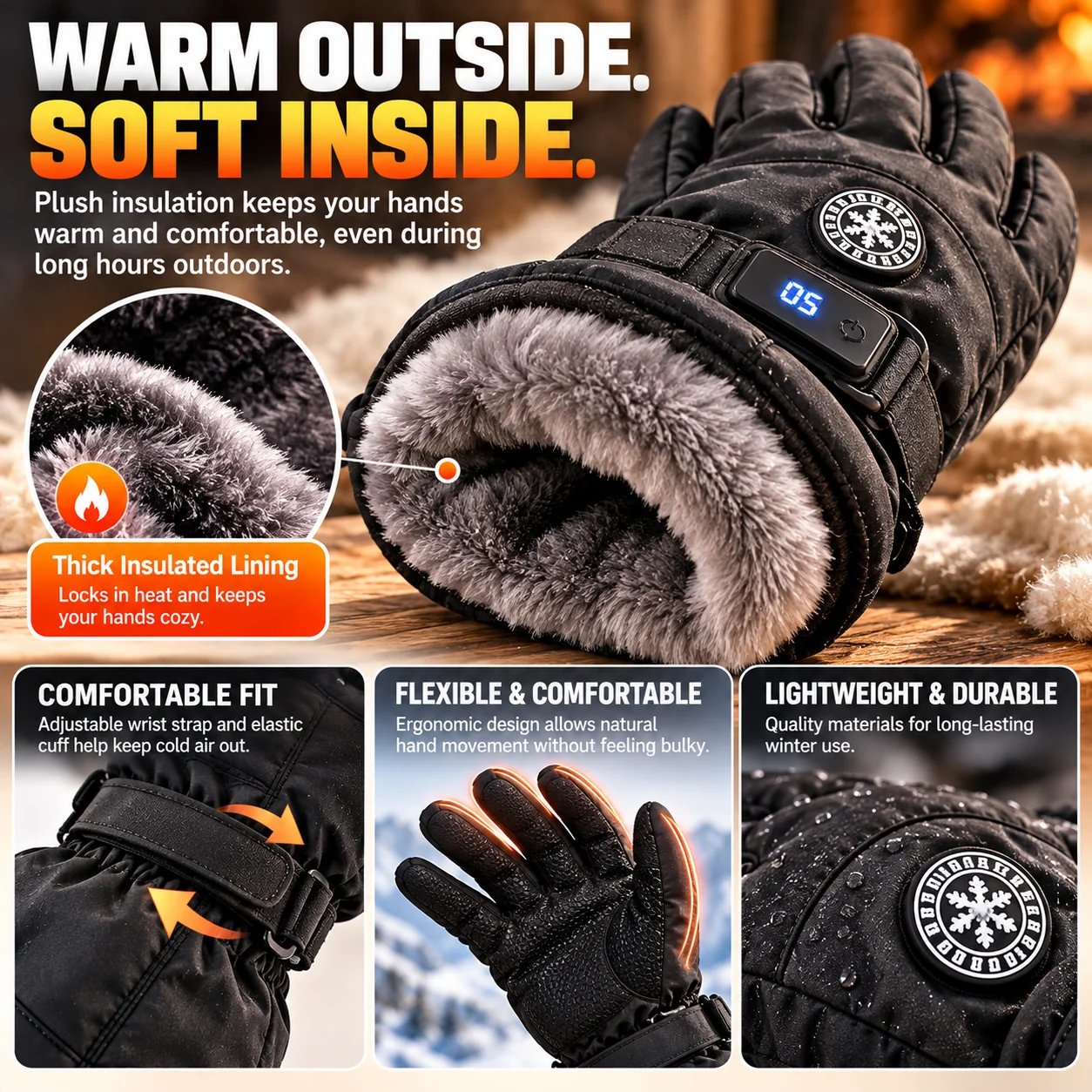Soft insulated rechargeable heated gloves