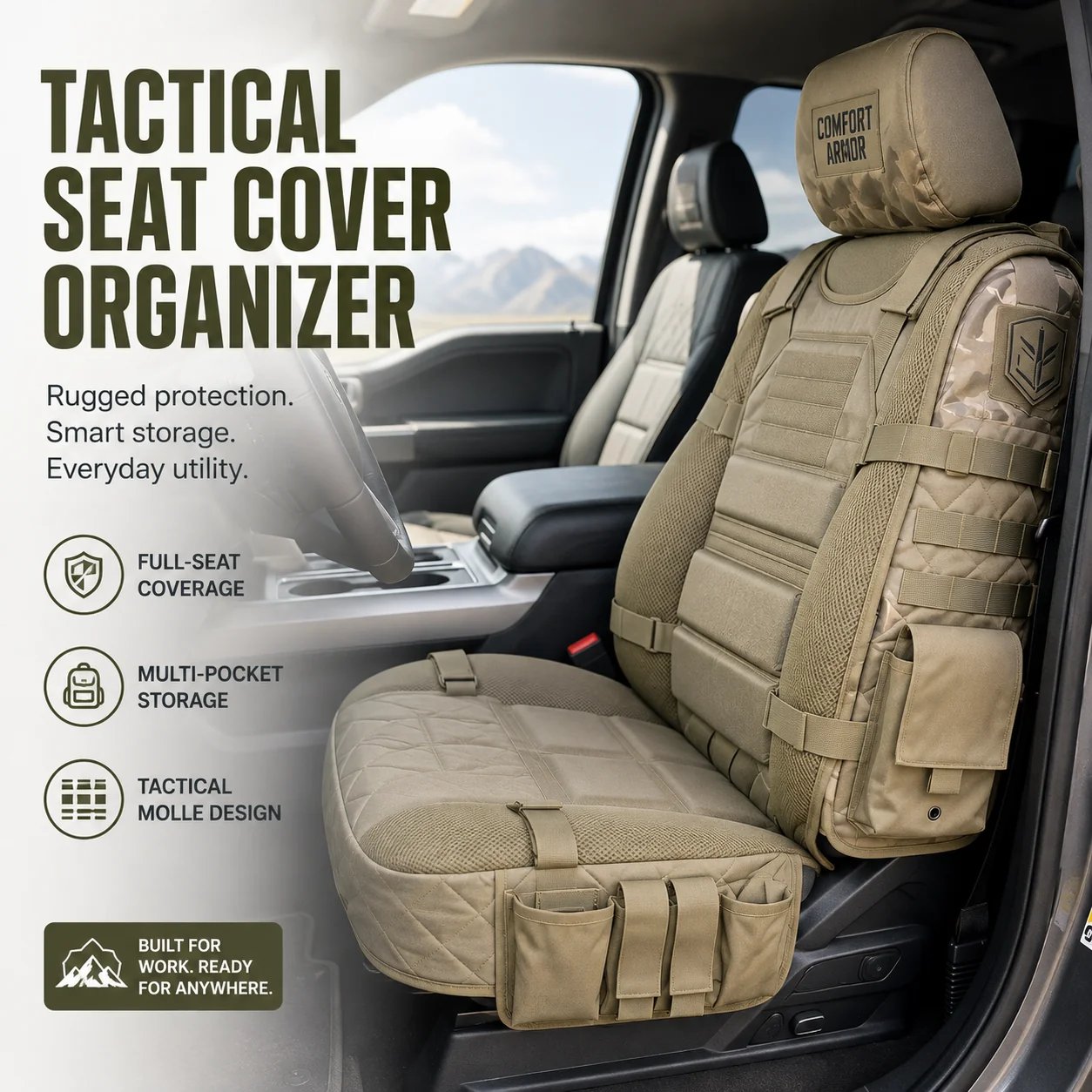 Tactical MOLLE car seat cover organizer installed in vehicle
