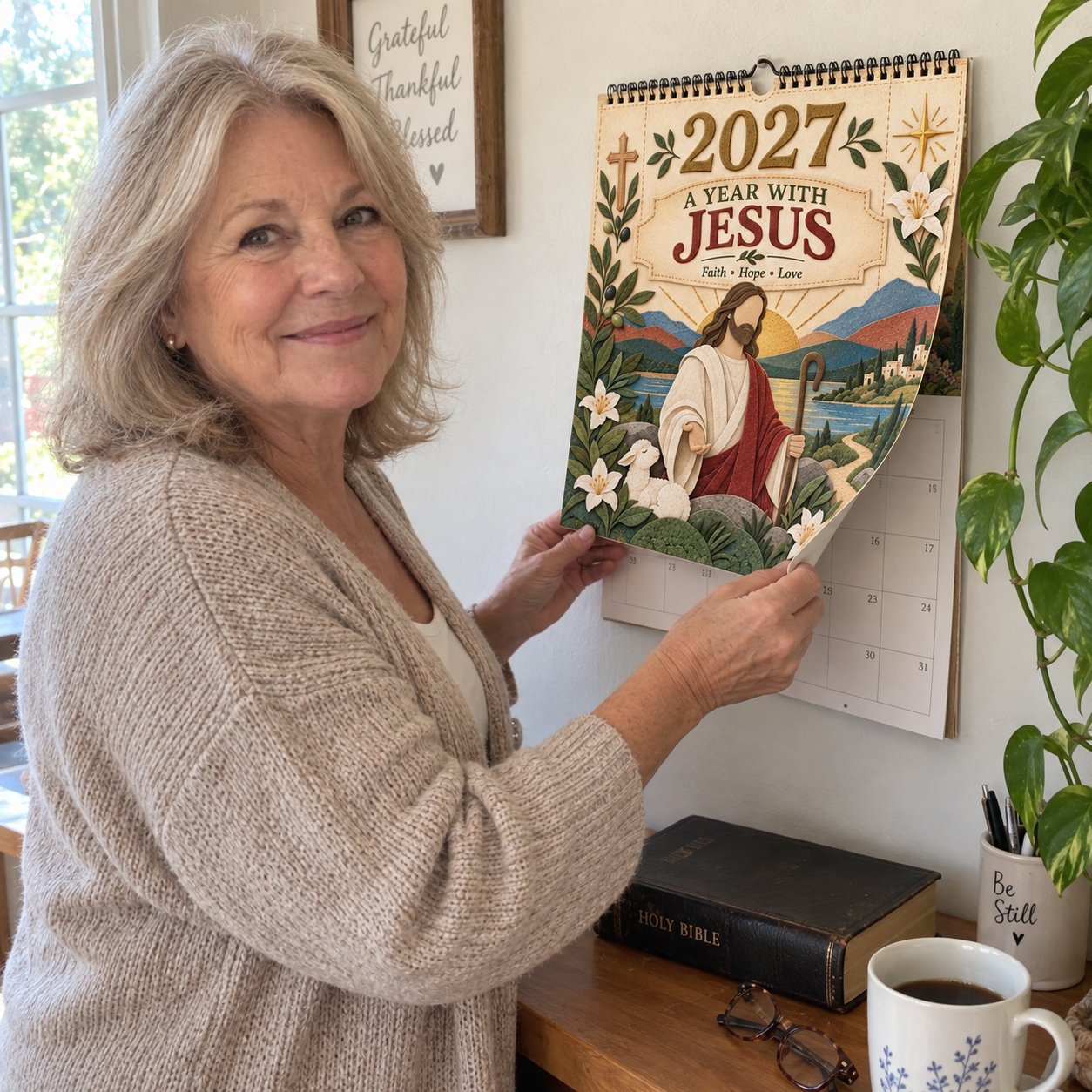 Woman hanging the 2027 A Year With Jesus calendar at home