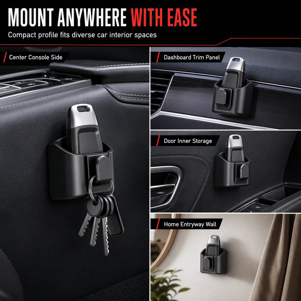 Versatile mounting on car console and household surfaces