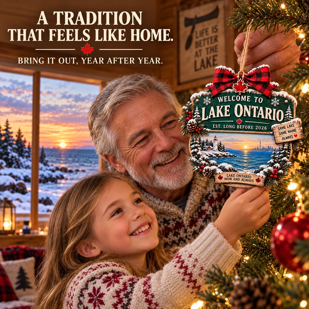 Grandfather and granddaughter making a Lake Ontario ornament part of their Christmas tradition