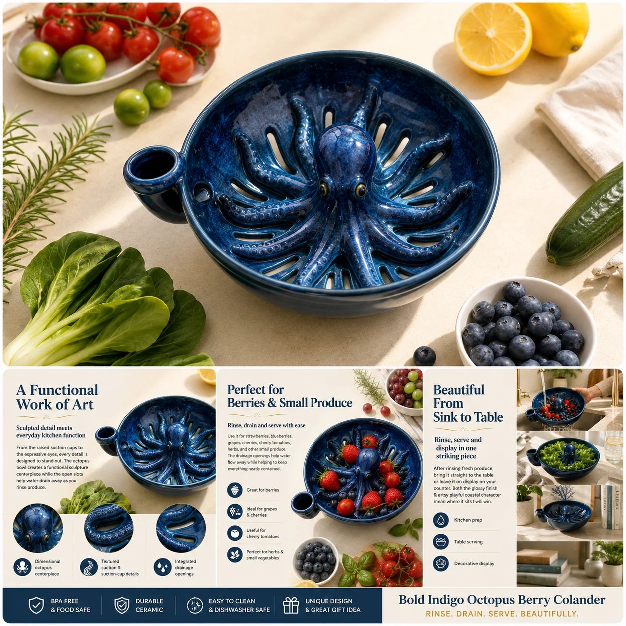 Blue octopus shaped berry colander and serving bowl