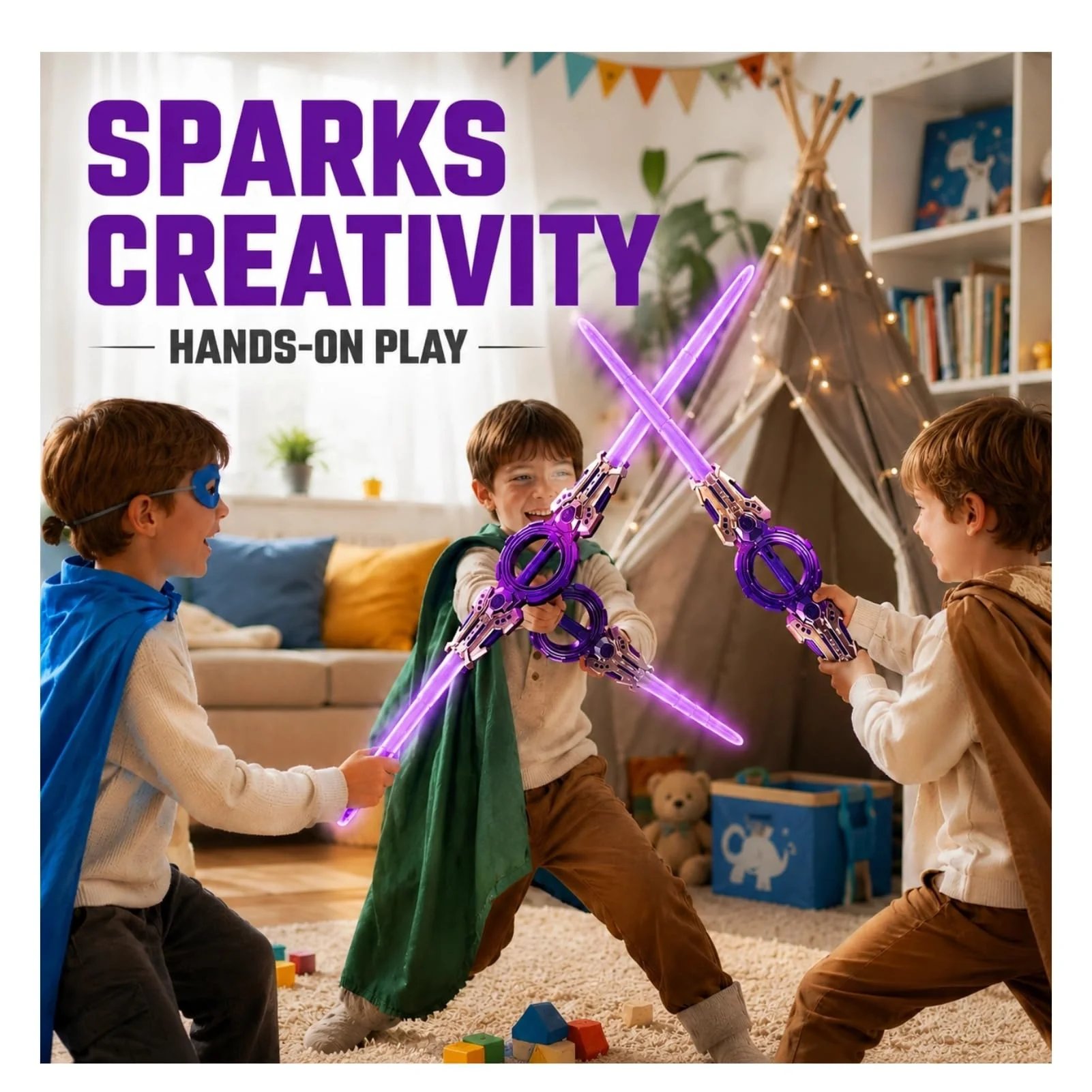 Children playing with double-ended LED swords