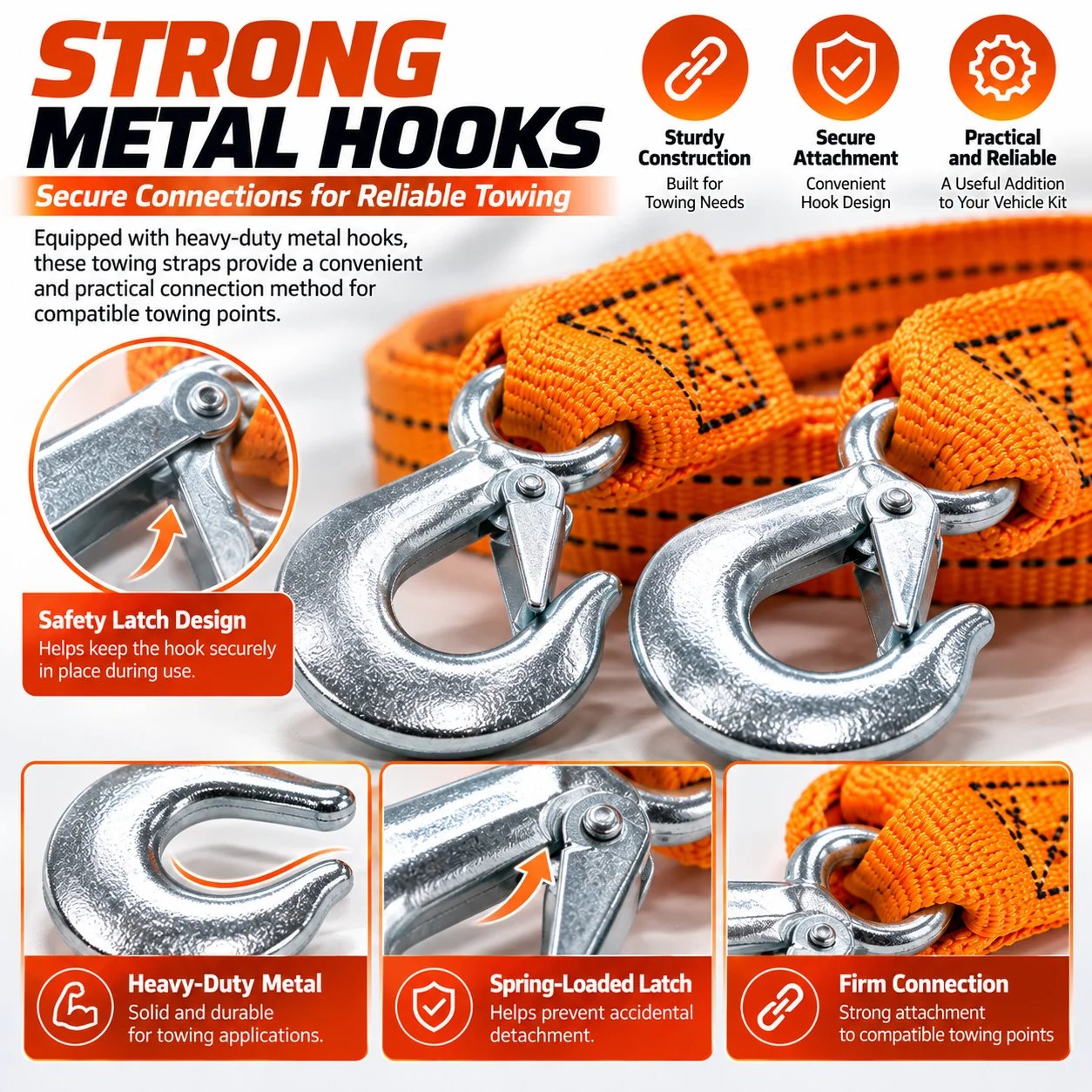 Metal hooks on towing strap