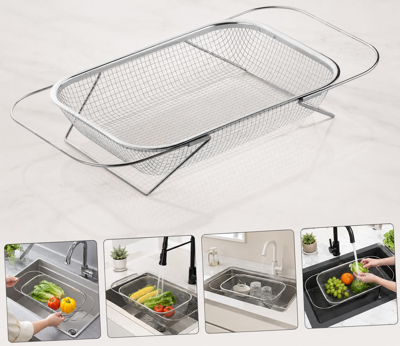 Stainless Steel Over-The-Sink Colander Strainer Basket, Expandable Rectangle Fine Mesh Kitchen Utensils with Handles, Silver Kitchen Essential