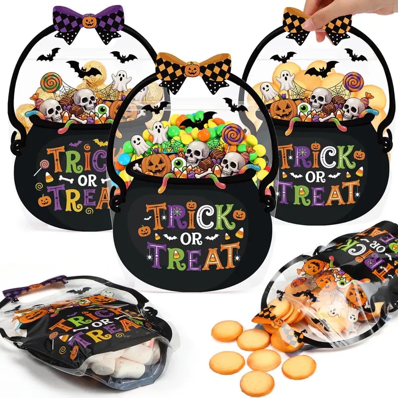Halloween pumpkin goodie bags with handles and transparent front windows
