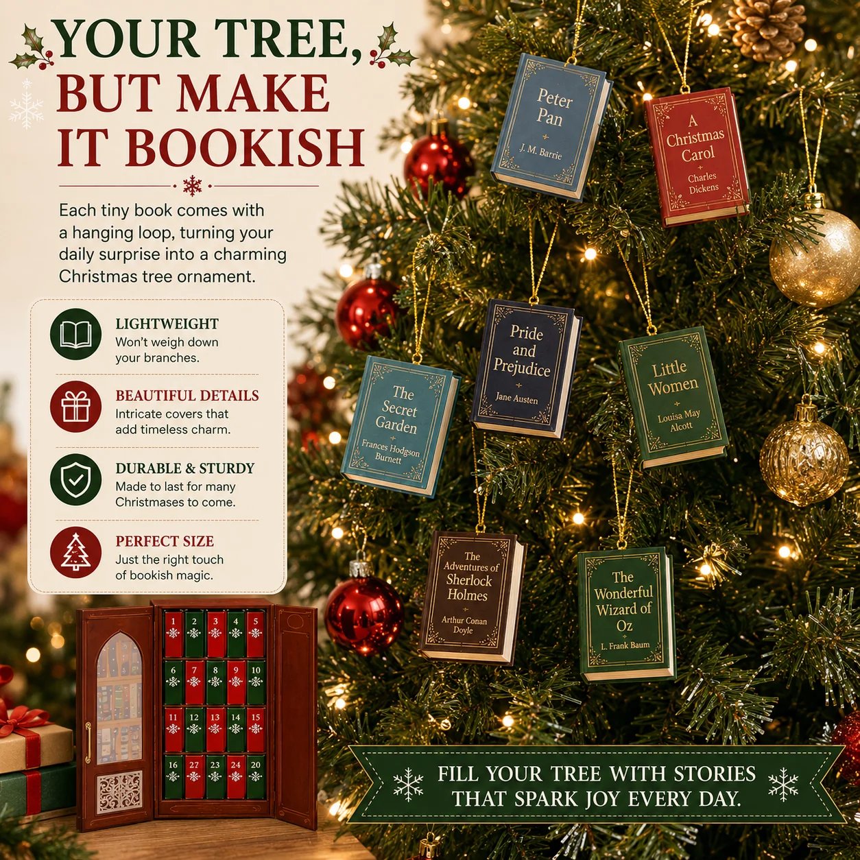 Miniature books hanging on Christmas tree