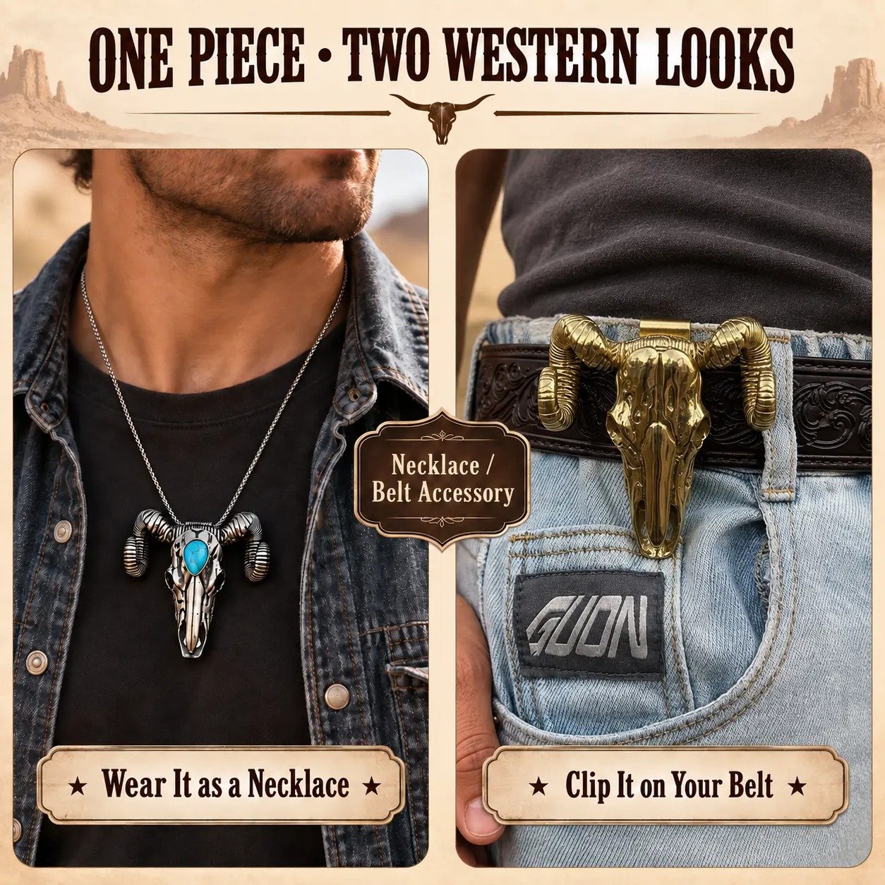 Western pendant worn as a necklace and clipped onto a belt