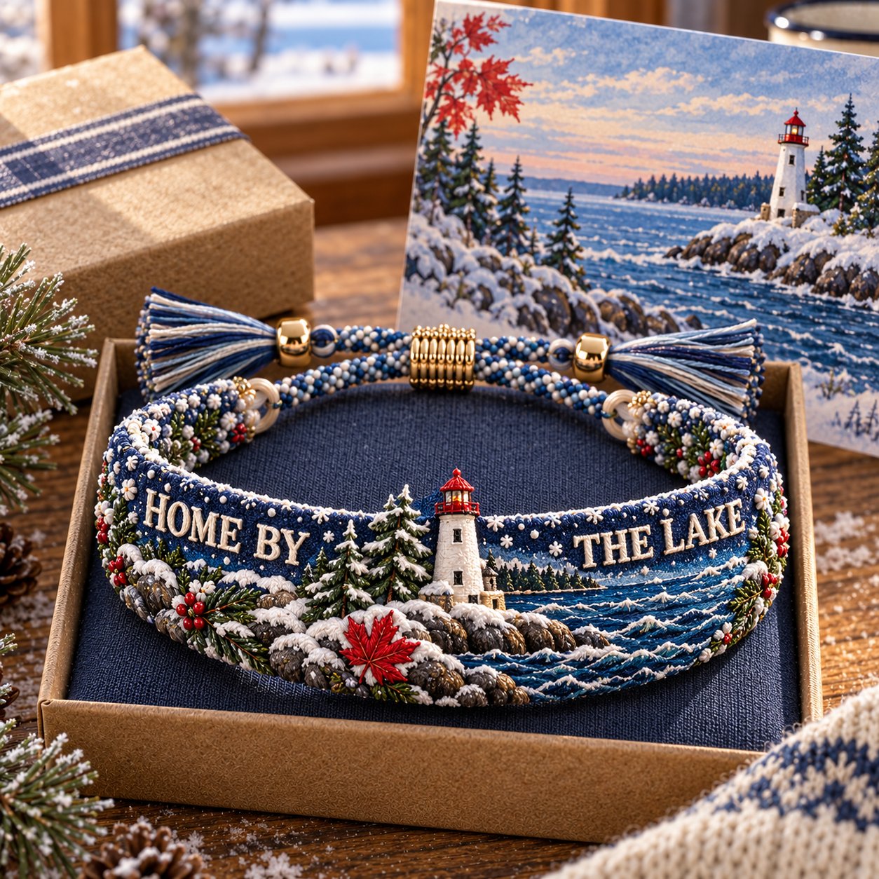 Home by the Lake winter lighthouse embroidered bracelet