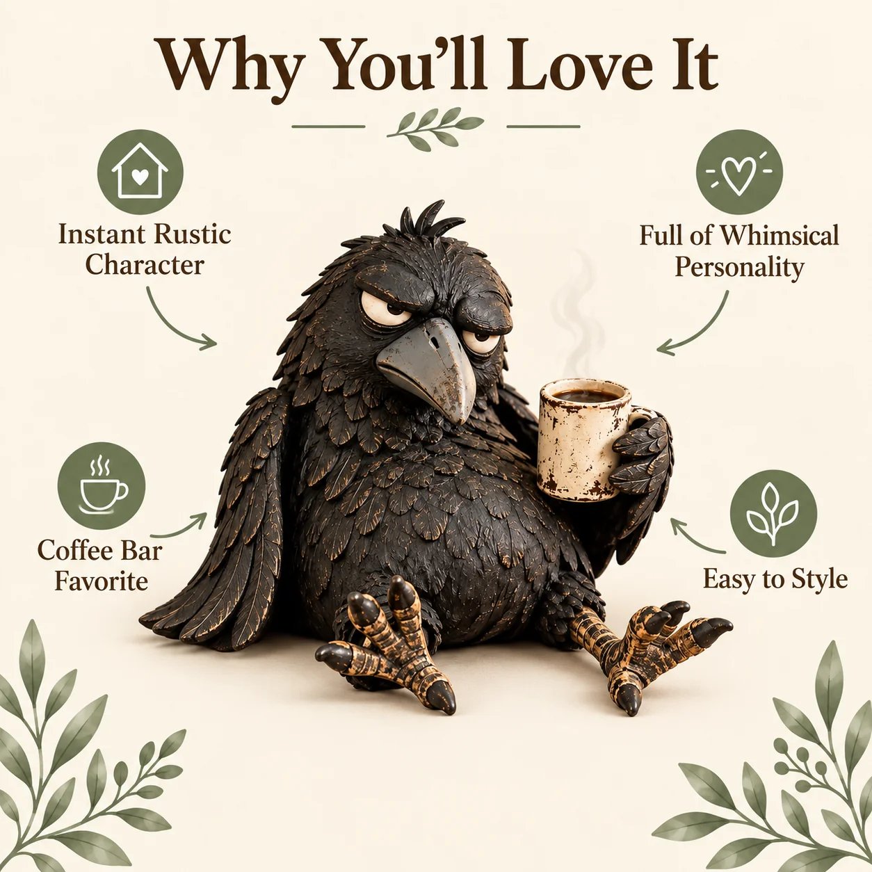 Grumpy raven with coffee mug in a warm coffee corner