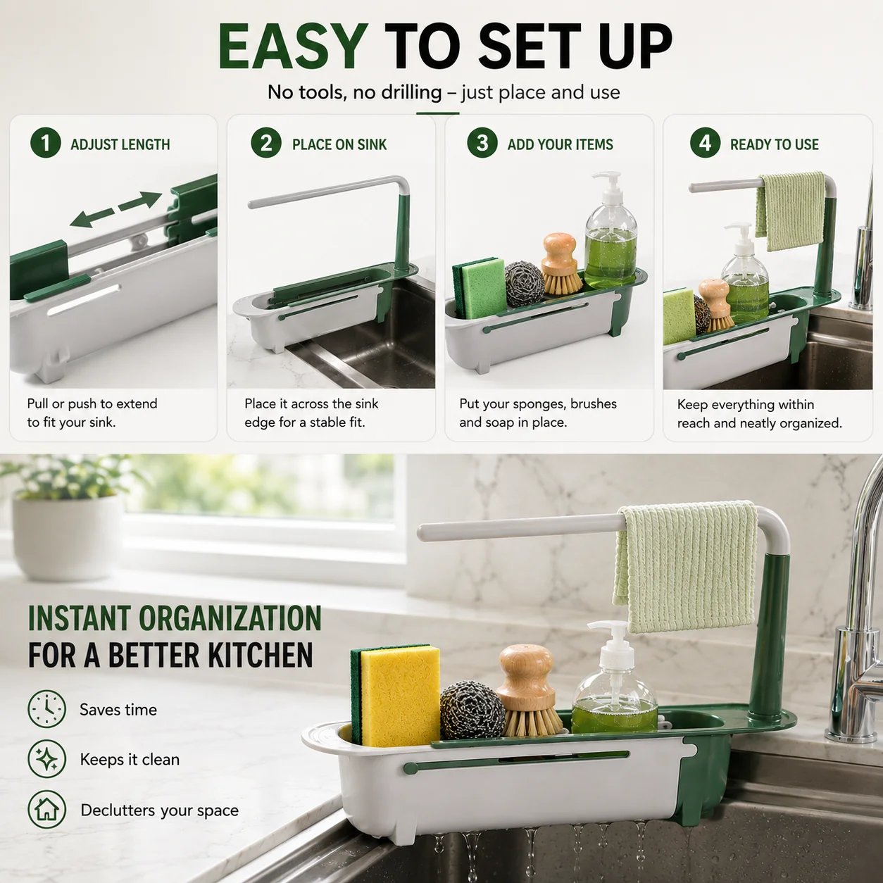 Adjustable telescopic sink organizer