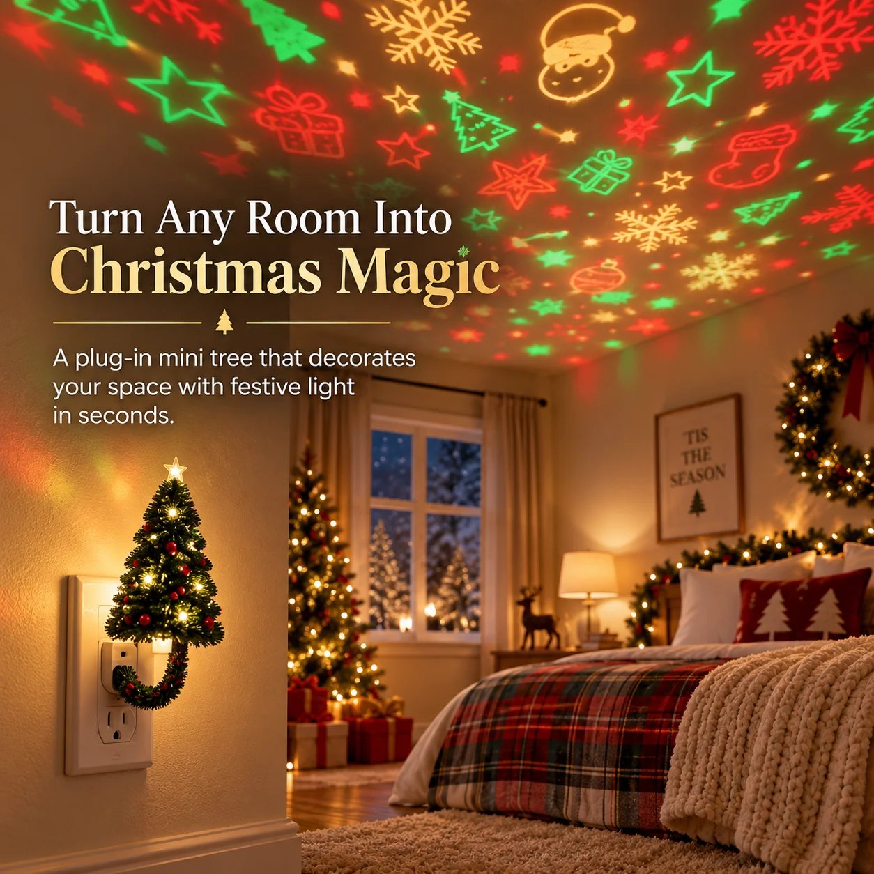 Christmas tree plug-in projector transforming a bedroom