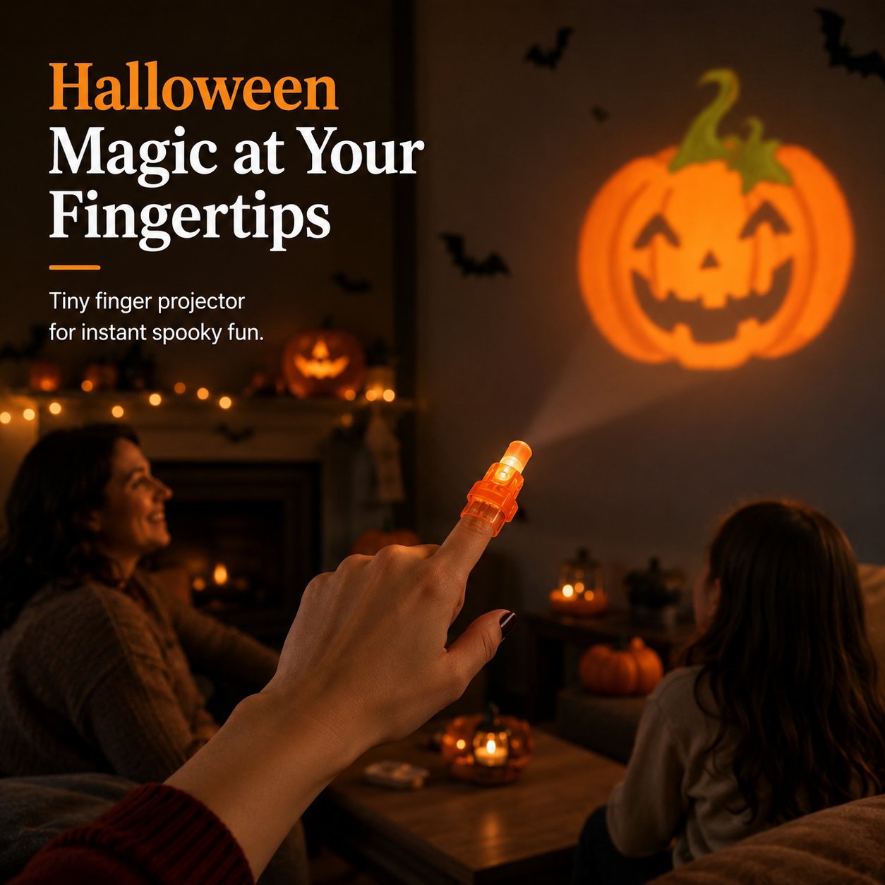 Finger-worn Halloween mini projector casting a pumpkin pattern onto a wall in a decorated living room Finger-worn Halloween mini projector casting a pumpkin pattern onto a wall in a decorated living room