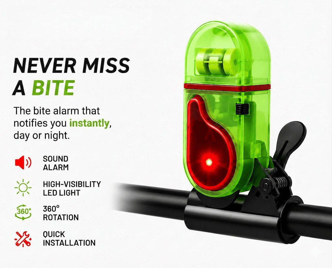 Clip-on fishing bite alarm with sound, LED light, 360 degree rotation, and quick installation