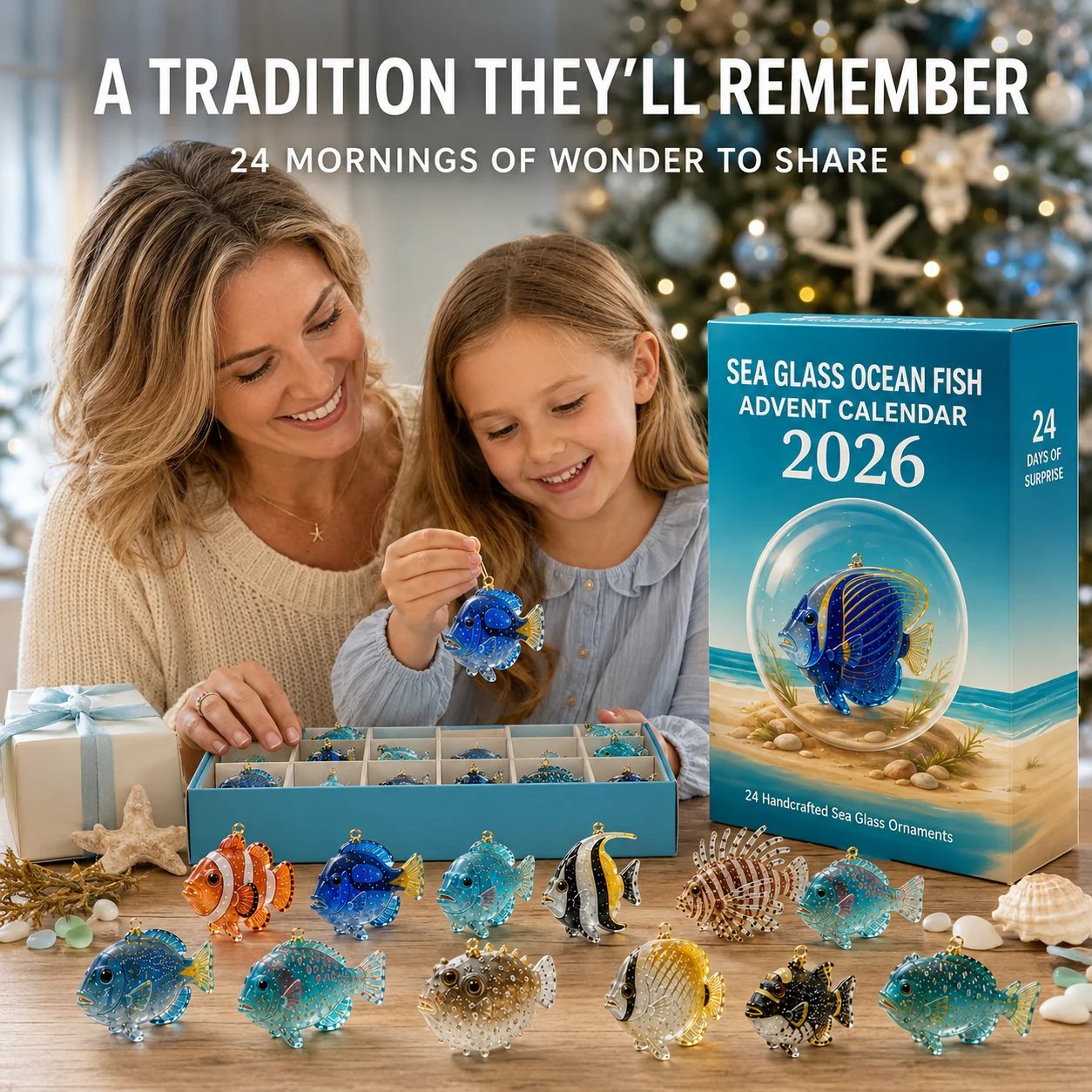 Mother and daughter opening a 2026 sea glass ocean fish advent calendar