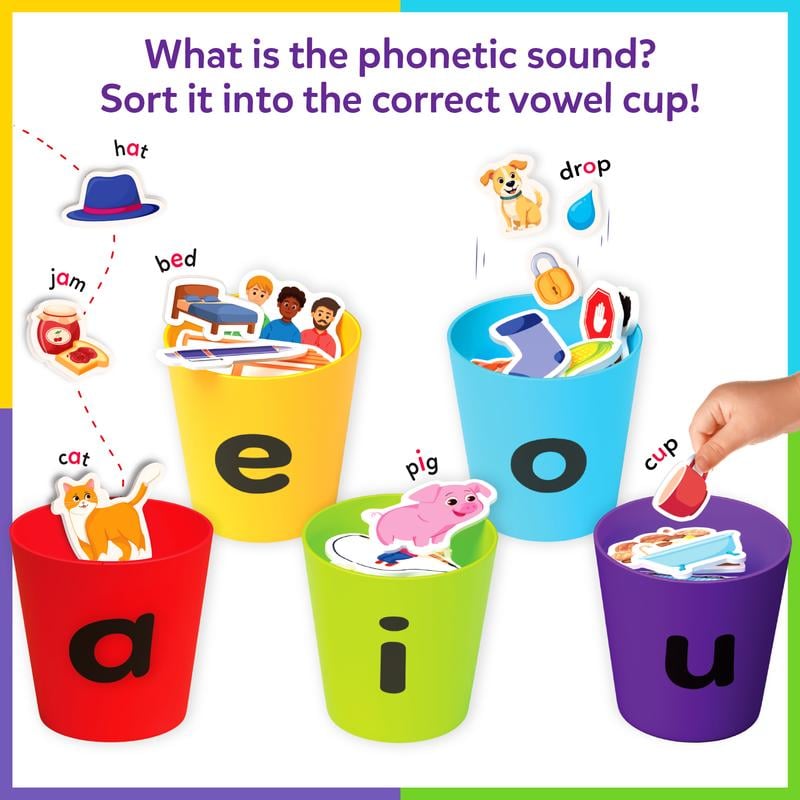 Phonics vowel sorting toy with picture pieces and vowel cups