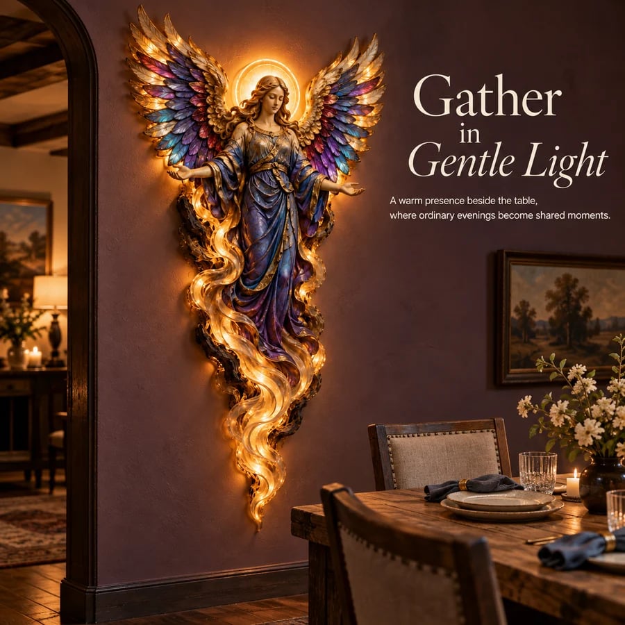 Gabriel illuminated beside a dining table