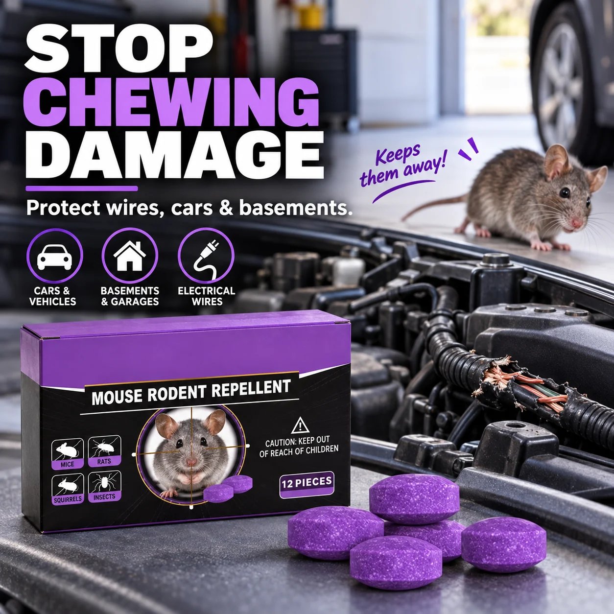 Repellent barrier protecting car engine and basement