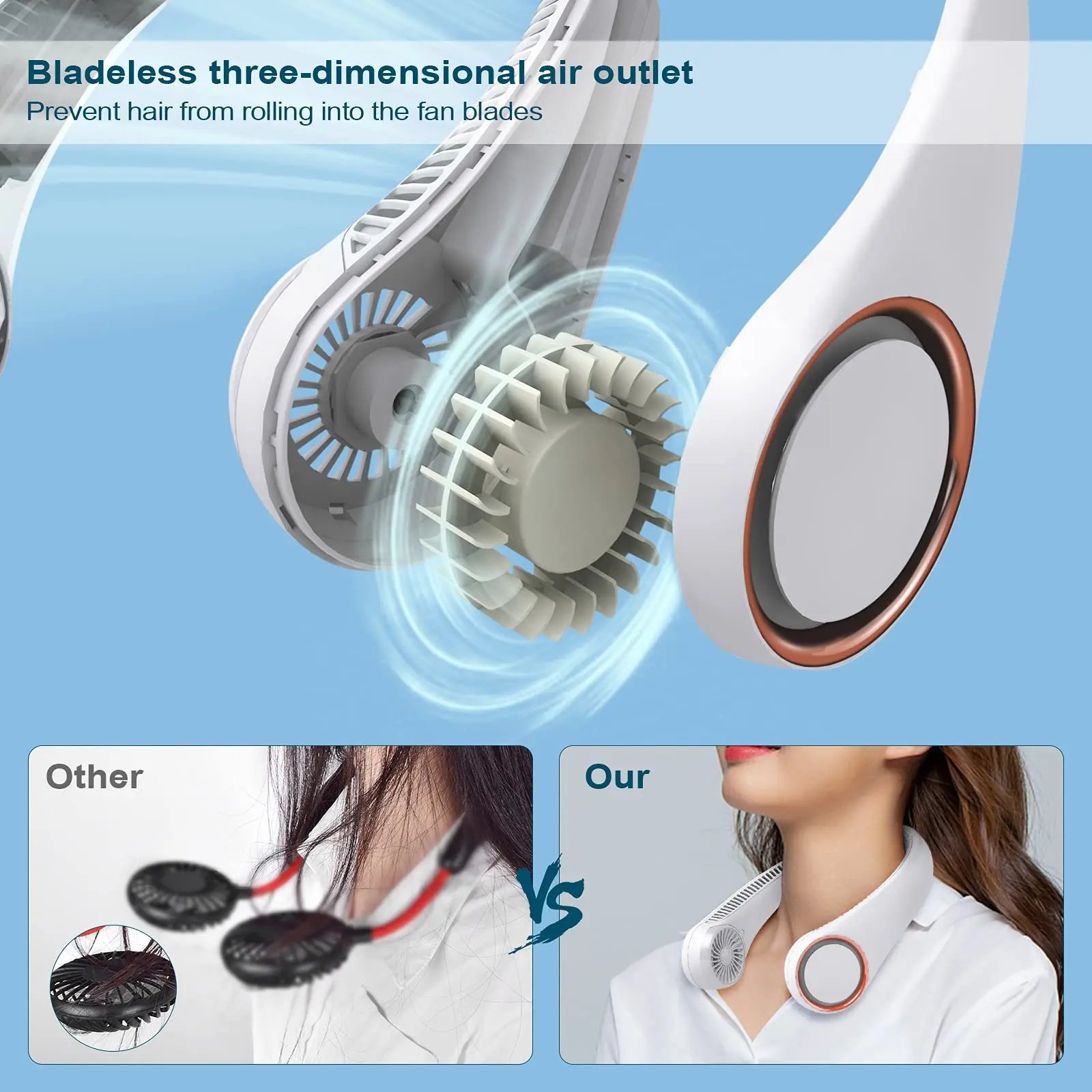 Bladeless air outlet prevents hair from rolling into fan blades