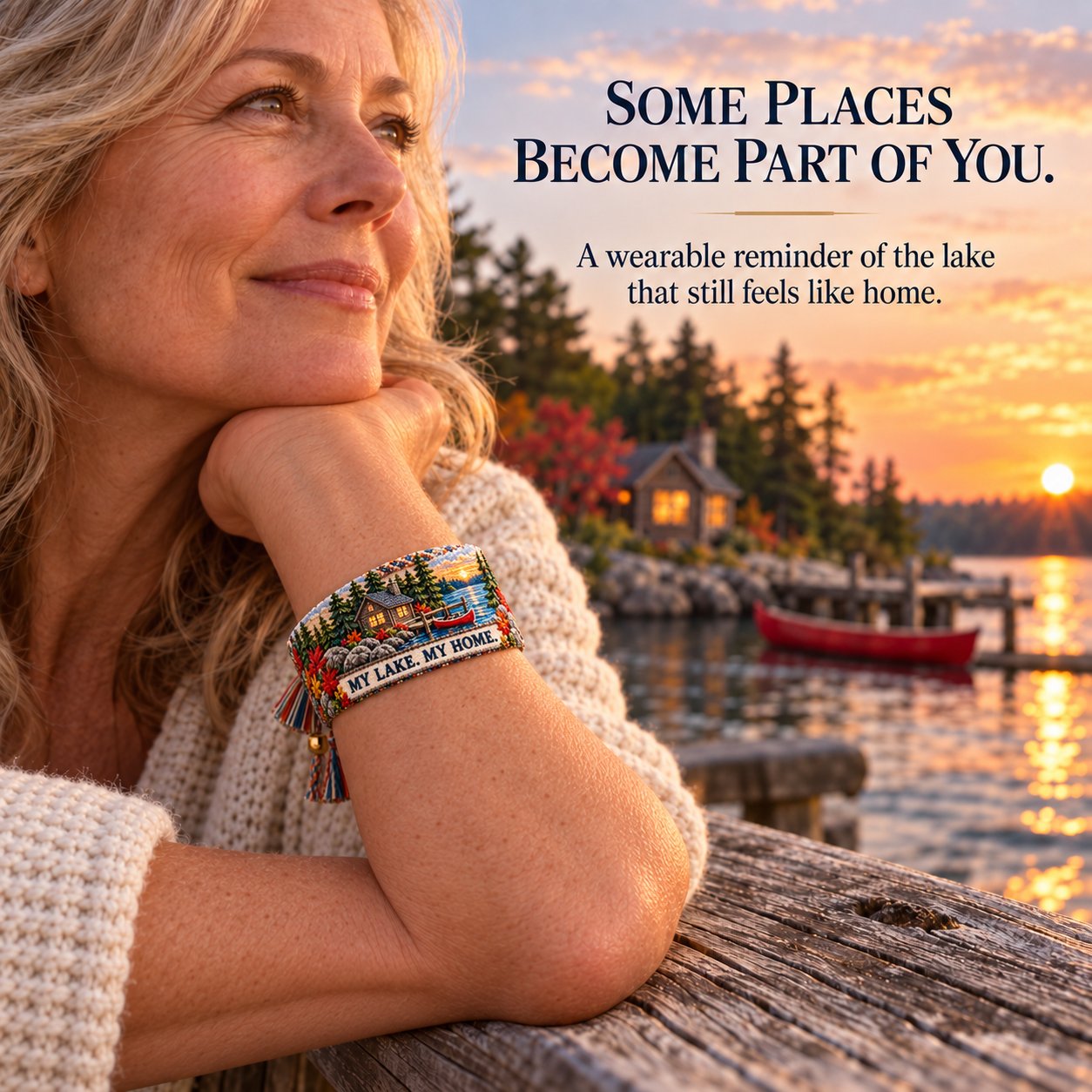 Woman wearing a Lake Ontario embroidered bracelet beside the lake