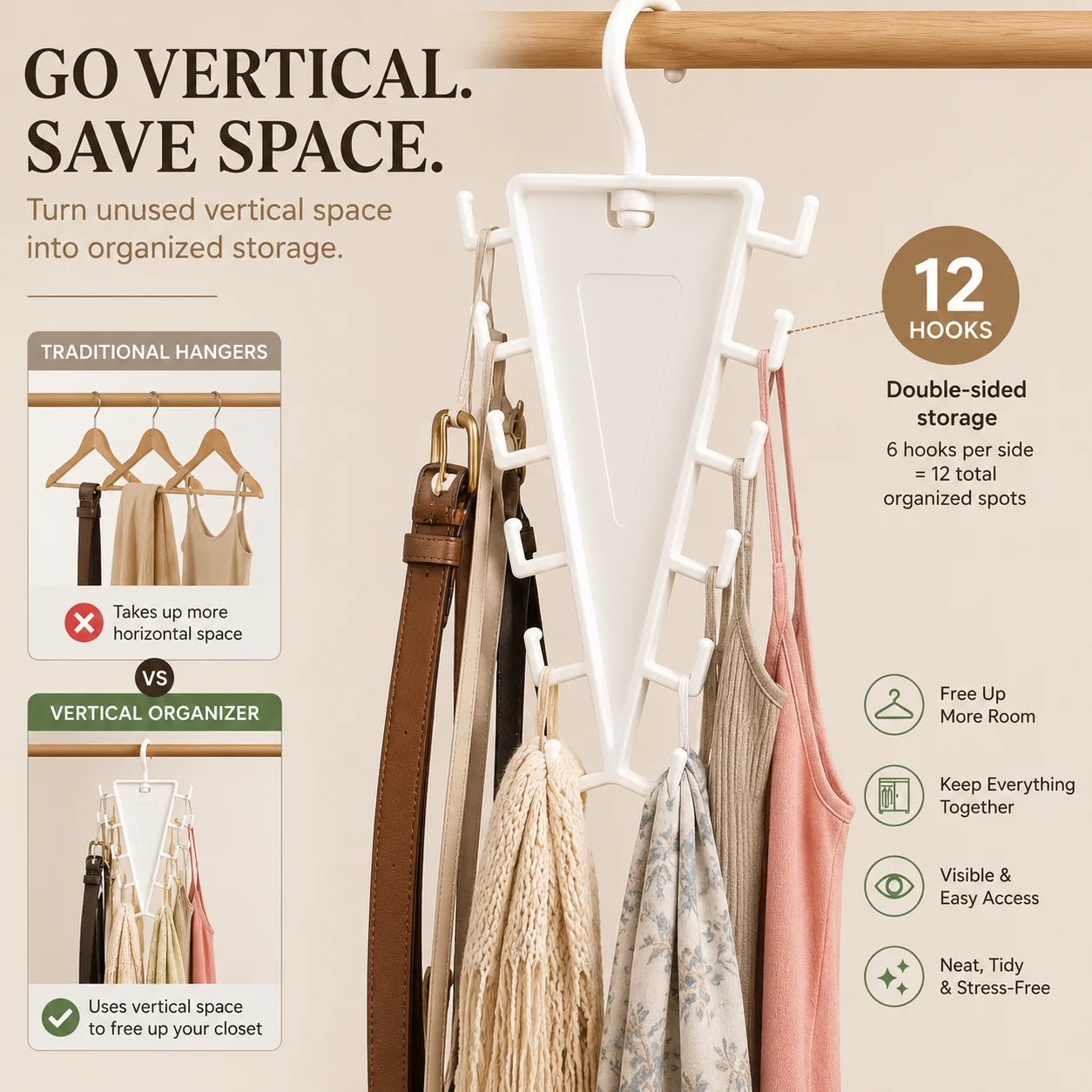 12-hook double-sided V-shaped vertical closet organizer saving horizontal closet space