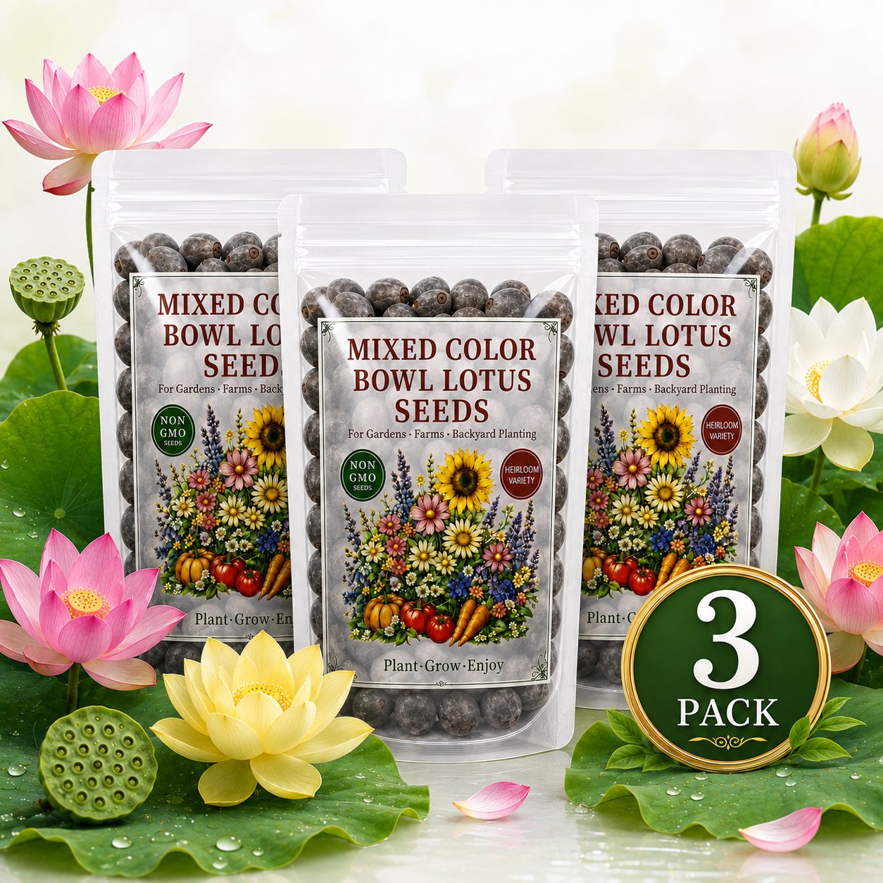 Three pack mixed color bowl lotus seeds for ponds bowls and container gardens
