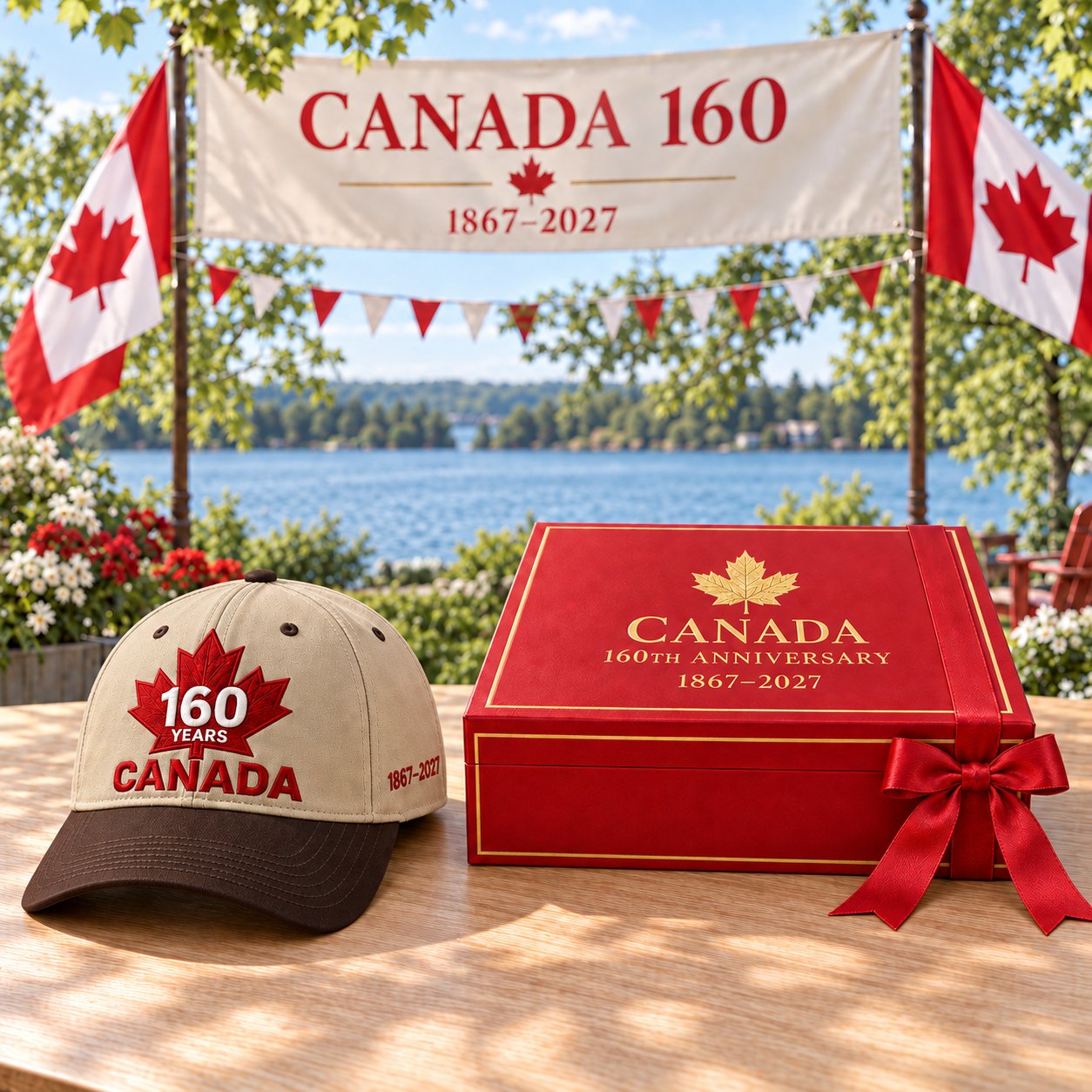 Khaki and brown anniversary cap with the closed red and gold gift box