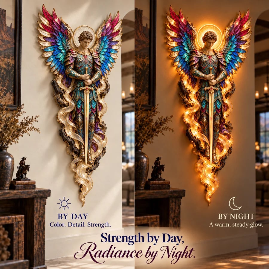 Michael wall sculpture shown by day and illuminated at night