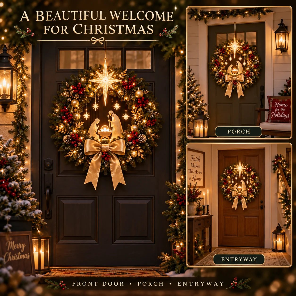 Nativity Christmas wreath for front door porch and entryway