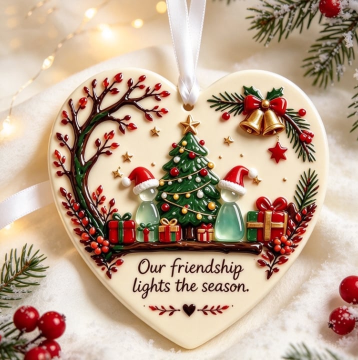 Glazed ceramic Christmas heart ornament displayed in home