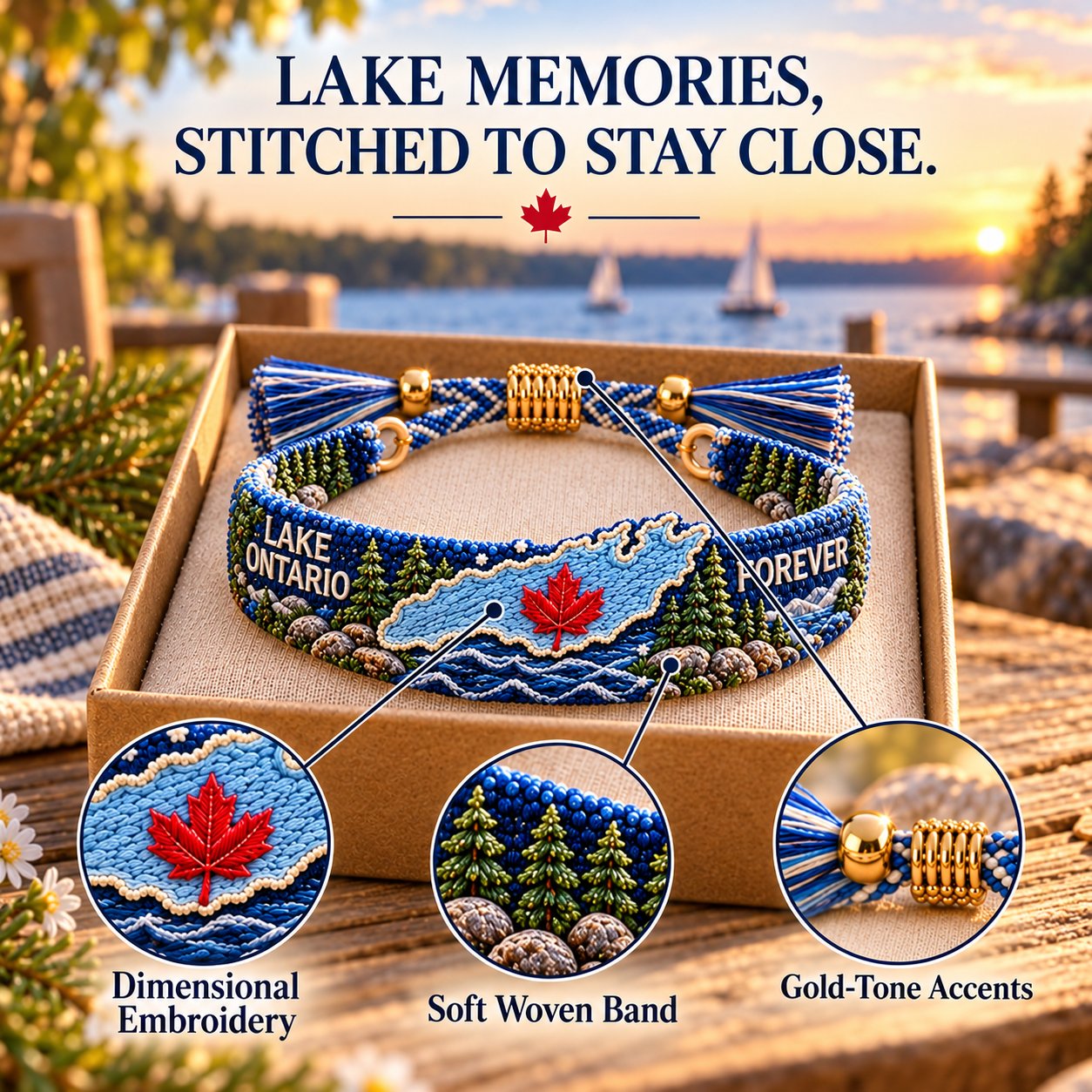Close-up details of the Lake Ontario bracelet embroidery and gold-tone closure