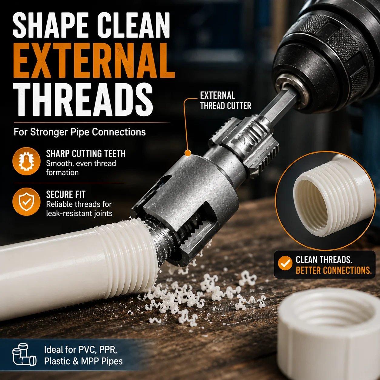 Close up view of internal expander and outer thread cutting teeth