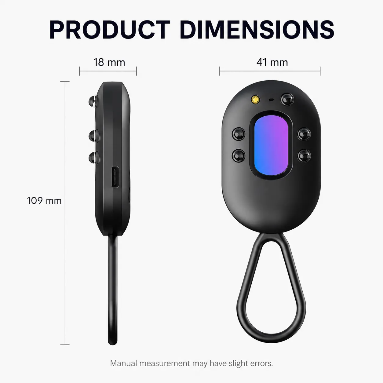 Compact hidden camera detector dimensions measuring 109 millimeters by 41 millimeters by 18 millimeters