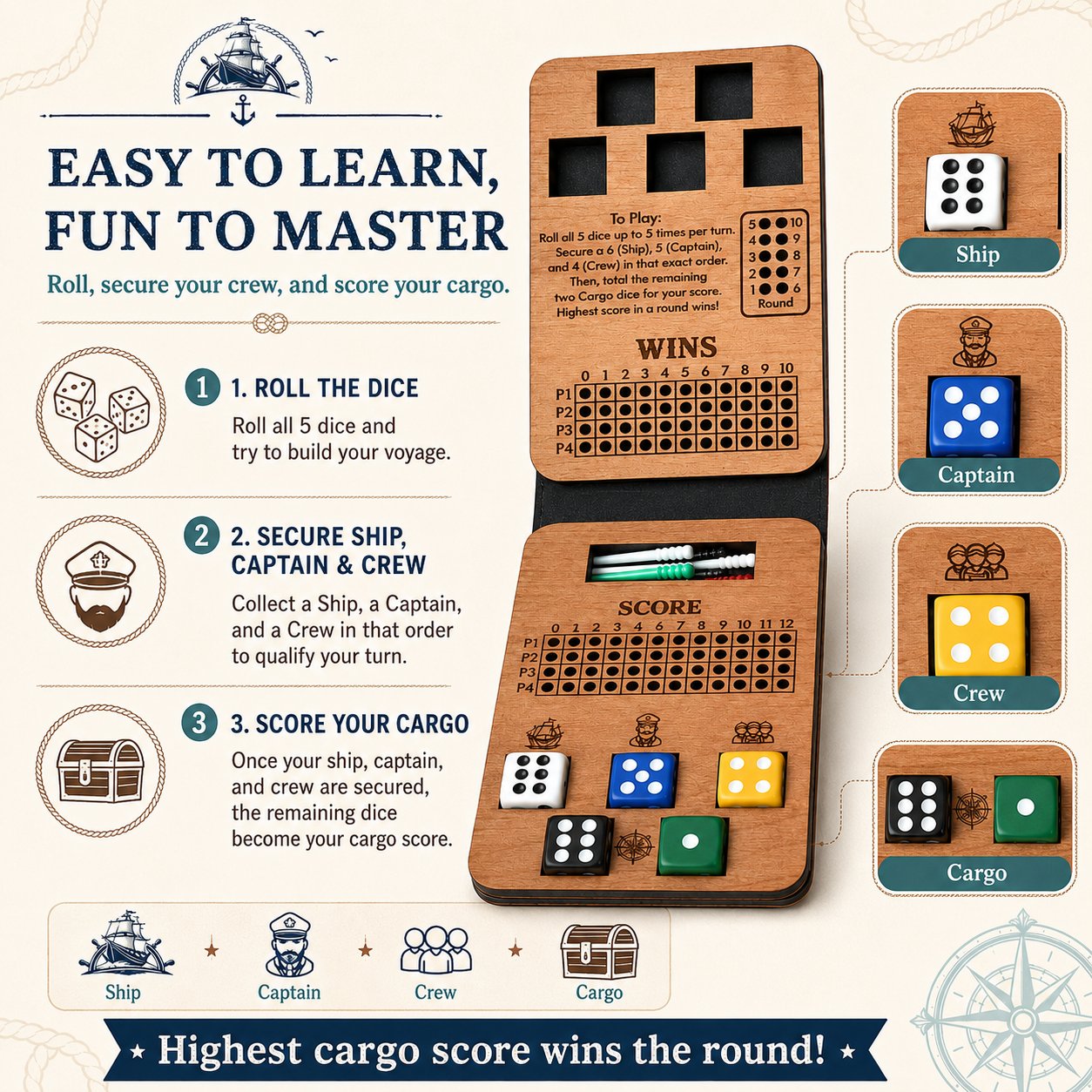 Compact Two to Four Player Dice Game