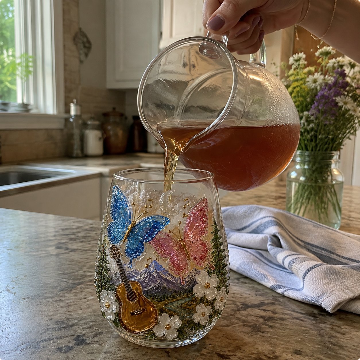 Customer pouring iced tea into her Mountain Melody raised glass