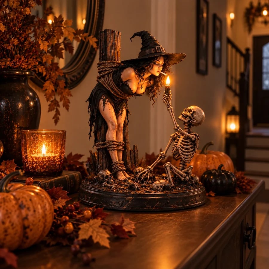 Customer Halloween mantel with witch skeleton figurine