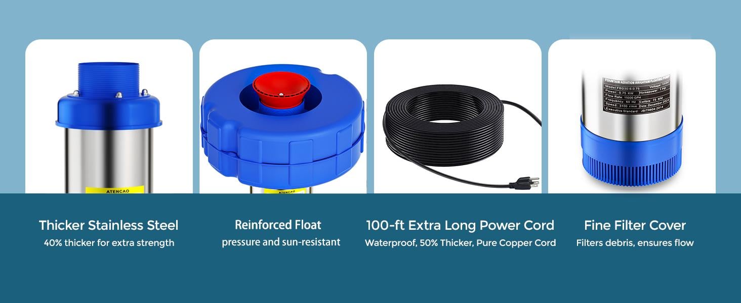 Pond Fountain Aerator 1HP 110V 750W 15000 GPH Floating Fountain Pump with 100 FT Power Cord 2 x 100 FT Rope Timer Fully Automatic Powerful Aerating Fountain for Larger Ponds, Lakes Pond Fountain Aerator 1HP 110V 750W 15000 GPH Floating Fountain Pump with 100 FT Power Cord 2 x 100 FT Rope Timer Fully Automatic Powerful Aerating Fountain for Larger Ponds, Lakes