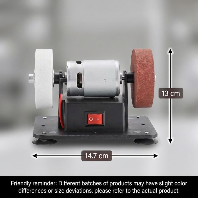 Four panel collage of the grinder sharpening a knife, polishing a ring, grinding and switching on