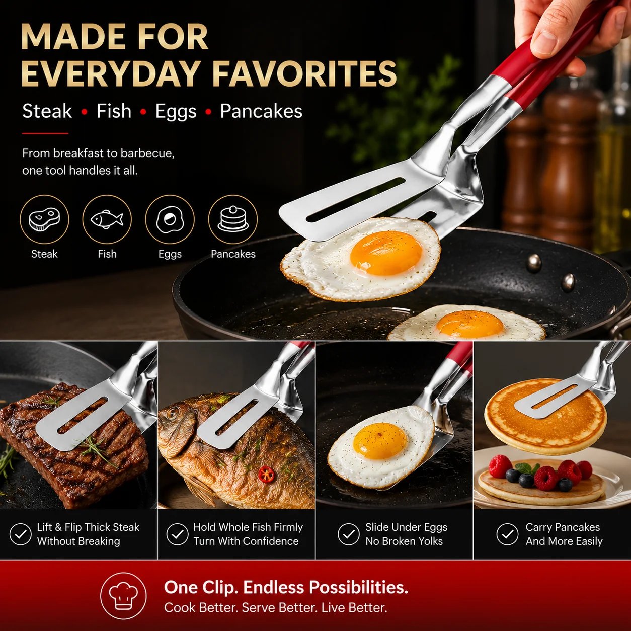 Spatula tongs used for everyday foods