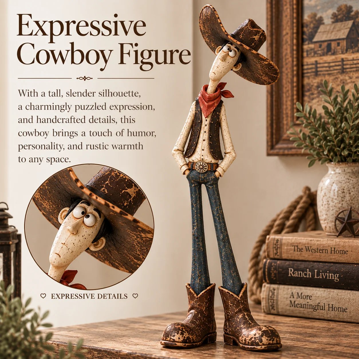 Western cowboy and horse figurines styled on bookshelf