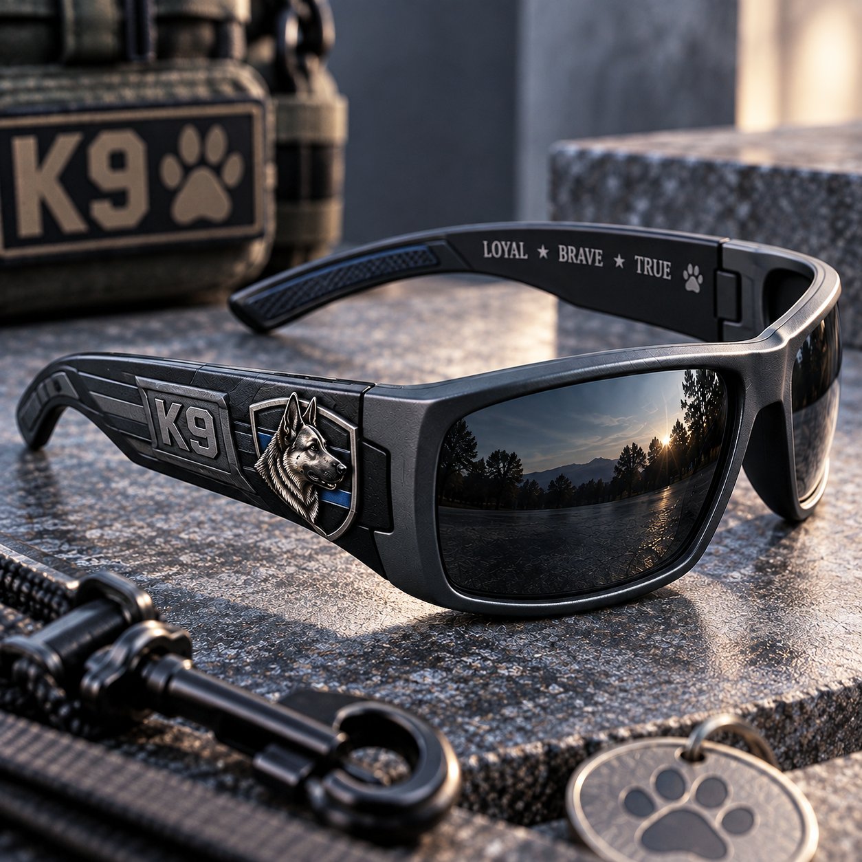 Black Shield K9 Guardian sunglasses with shield-style working-dog emblem