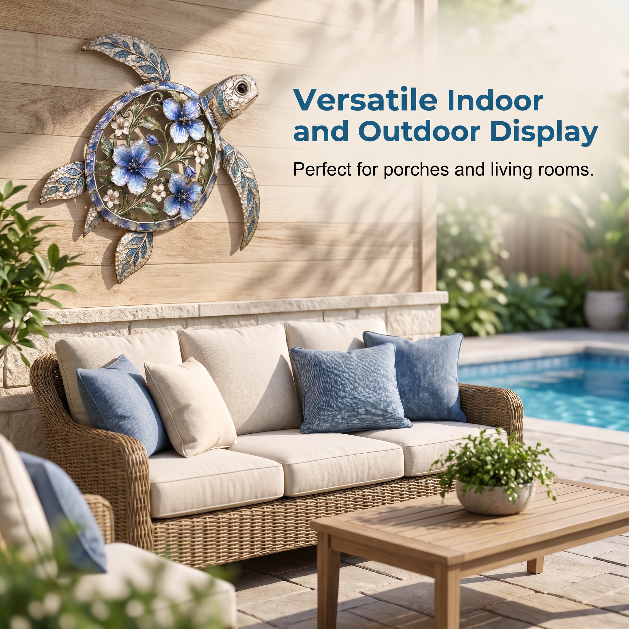 Sea turtle wall sculpture on outdoor wall โ indoor and covered outdoor display