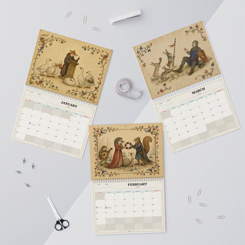 2027 Medieval Animal Mischief calendar displayed as wall decor