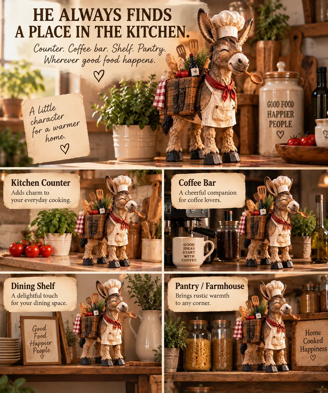 Donkey chef displayed on kitchen counter, coffee bar, dining shelf and pantry
