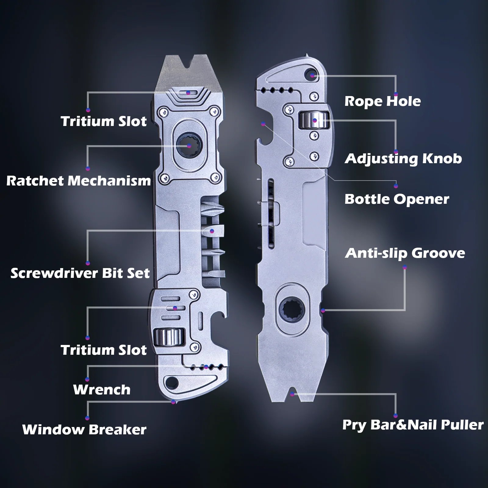 Annotated diagram showing TC4 Titanium multi-tool features